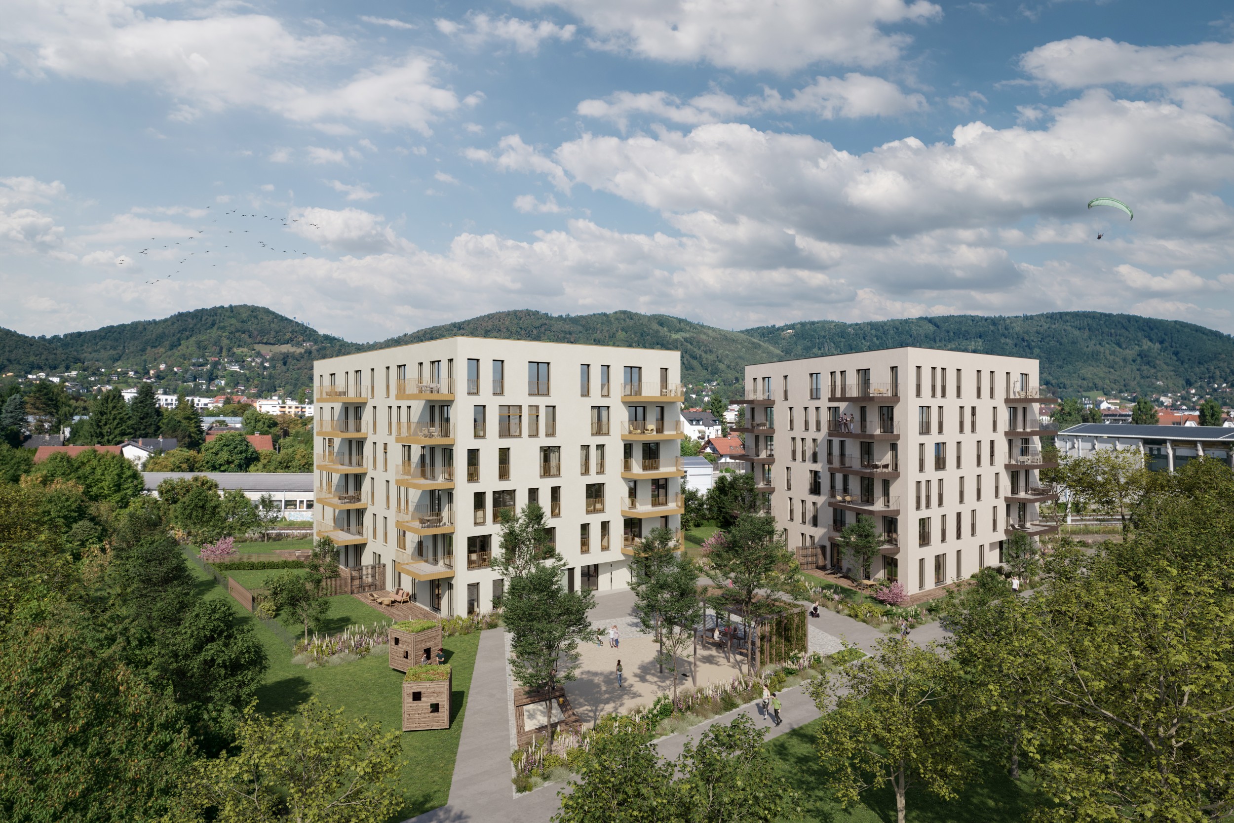 Quartier 17 – LUMINA, Häuseransicht, Rendering, Bauträger: ÖSW Wohnbauträger GmbH